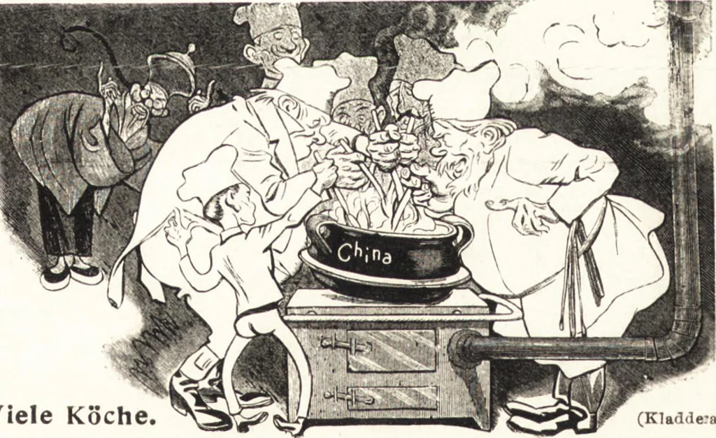 An illustration from "Zopf ab" : die chinesische Affaire im Lichte der europäischen Karikatur, 1900, leaf 53