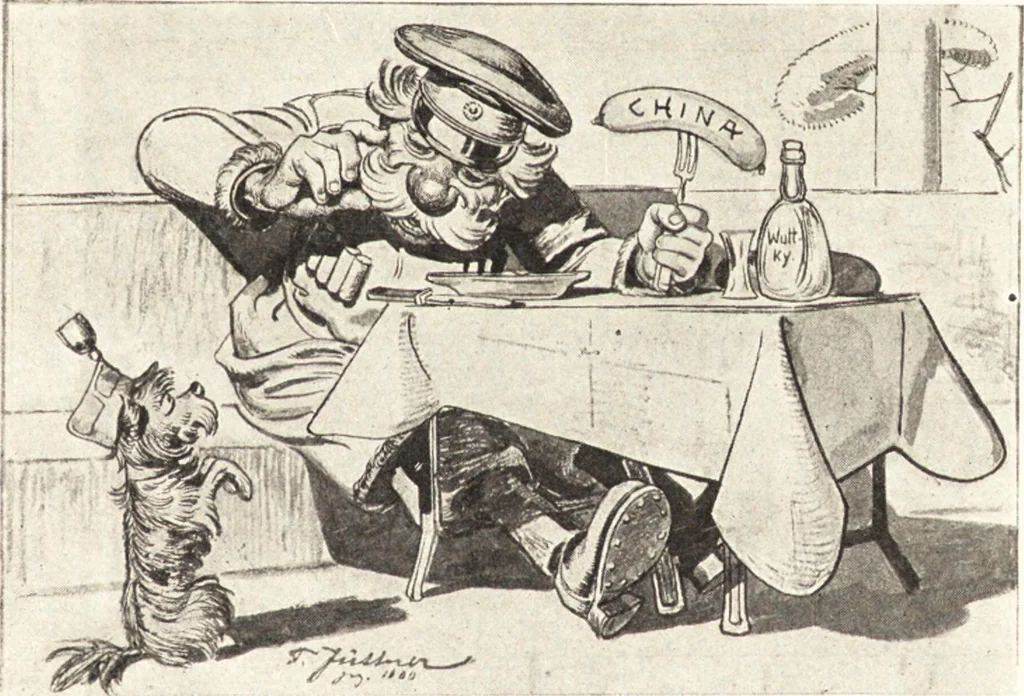 An illustration from "Zopf ab" : die chinesische Affaire im Lichte der europäischen Karikatur, 1900, leaf 56