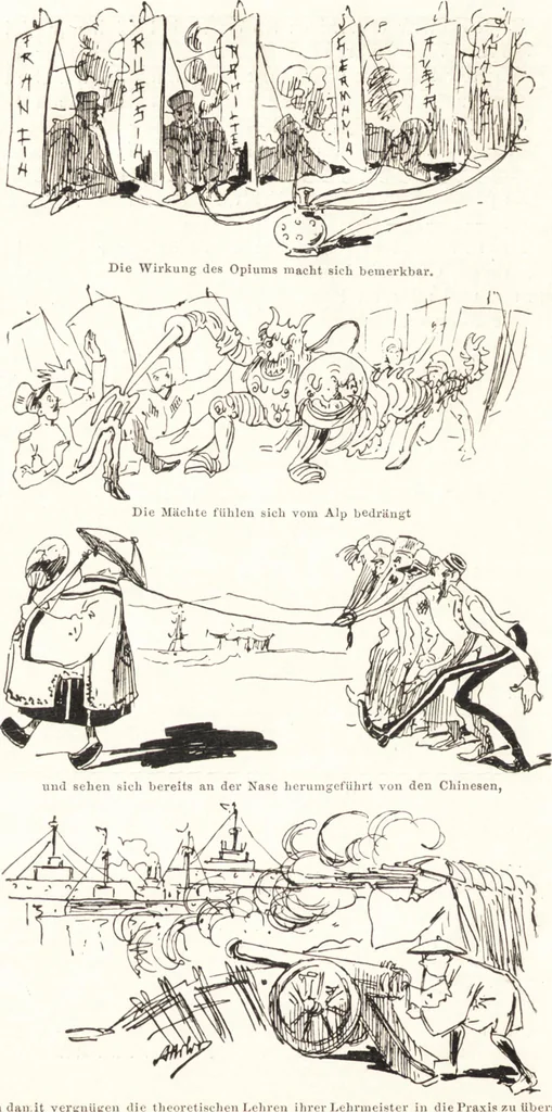 An illustration from "Zopf ab" : die chinesische Affaire im Lichte der europäischen Karikatur, 1900, leaf 57