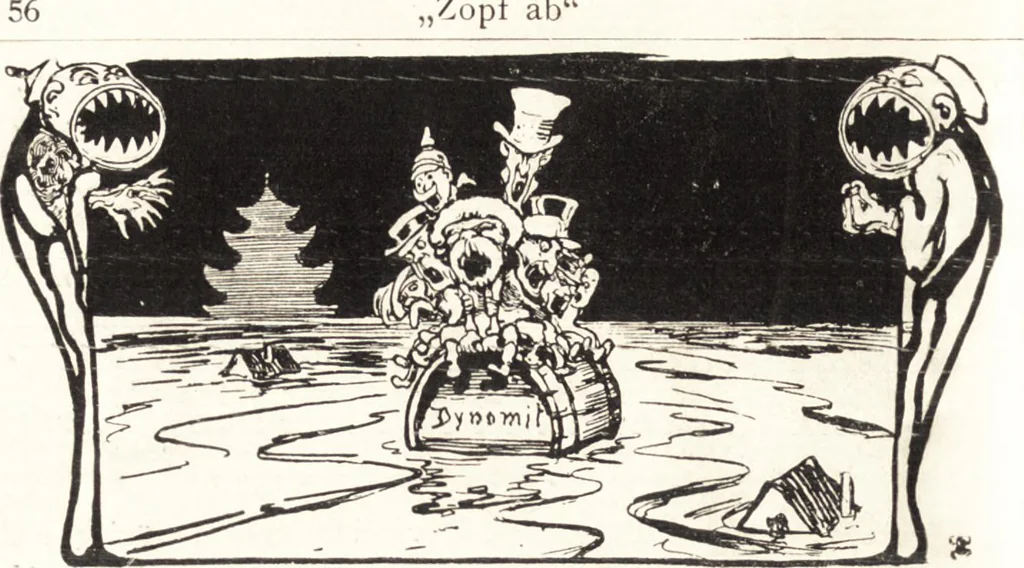 An illustration from "Zopf ab" : die chinesische Affaire im Lichte der europäischen Karikatur, 1900, leaf 59