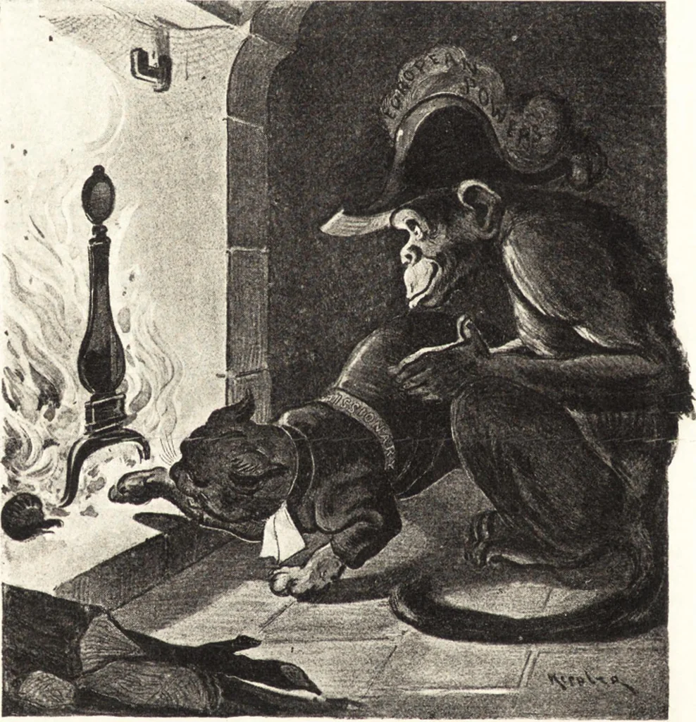 An illustration from "Zopf ab" : die chinesische Affaire im Lichte der europäischen Karikatur, 1900, leaf 61