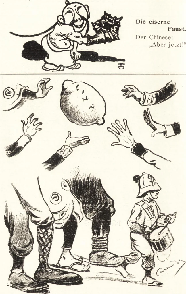 An illustration from "Zopf ab" : die chinesische Affaire im Lichte der europäischen Karikatur, 1900, leaf 63