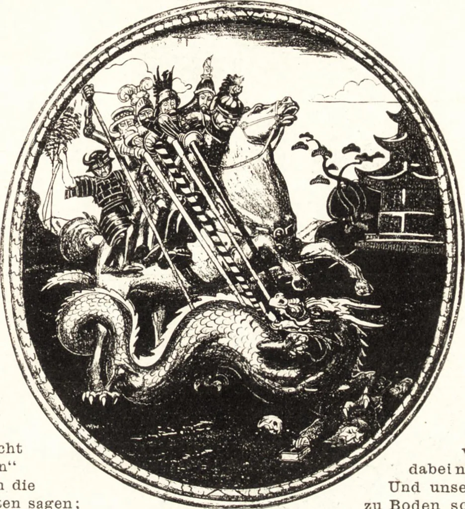 An illustration from "Zopf ab" : die chinesische Affaire im Lichte der europäischen Karikatur, 1900, leaf 64