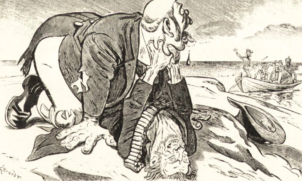 An illustration from "Zopf ab" : die chinesische Affaire im Lichte der europäischen Karikatur, 1900, leaf 74