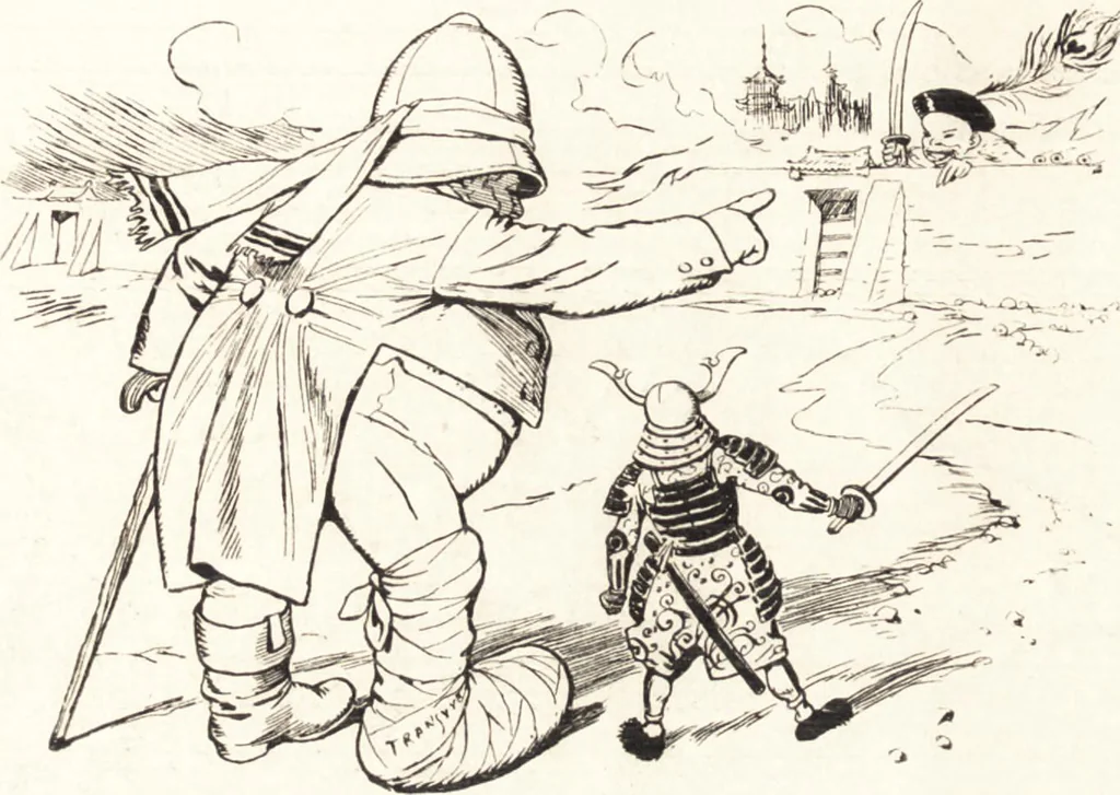 An illustration from "Zopf ab" : die chinesische Affaire im Lichte der europäischen Karikatur, 1900, leaf 77