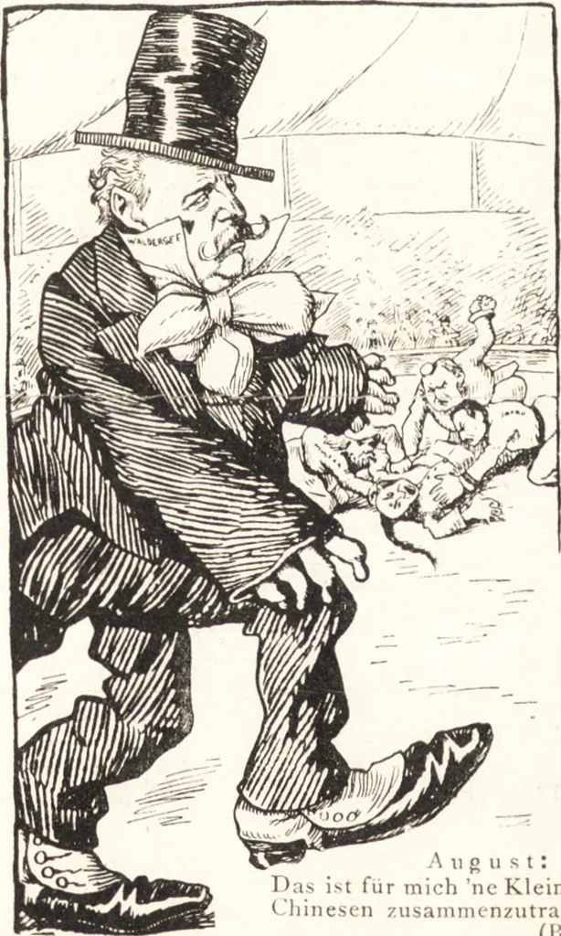 An illustration from "Zopf ab" : die chinesische Affaire im Lichte der europäischen Karikatur, 1900, leaf 87
