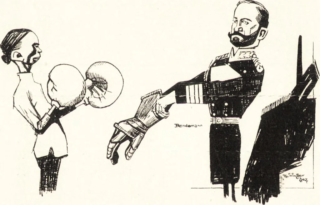 An illustration from "Zopf ab" : die chinesische Affaire im Lichte der europäischen Karikatur, 1900, leaf 9