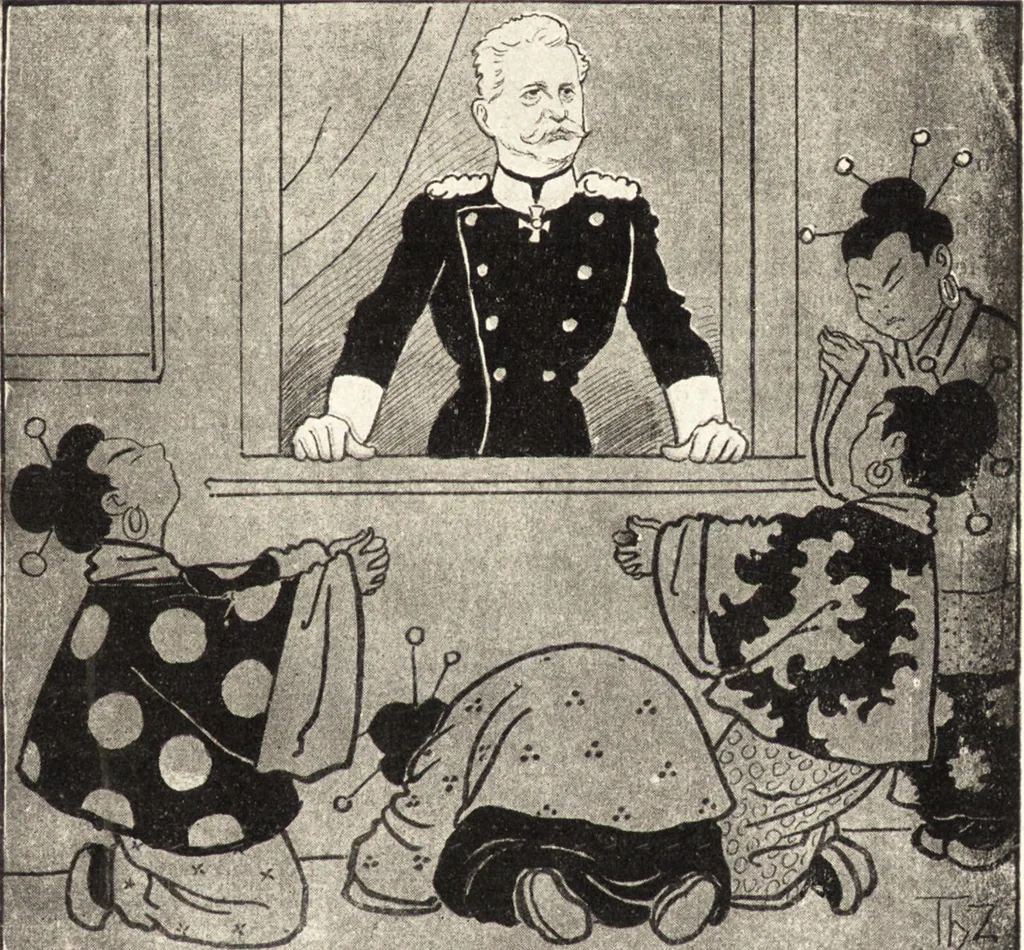 An illustration from "Zopf ab" : die chinesische Affaire im Lichte der europäischen Karikatur, 1900, leaf 90