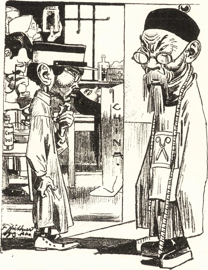 An illustration from "Zopf ab" : die chinesische Affaire im Lichte der europäischen Karikatur, 1900, leaf 96
