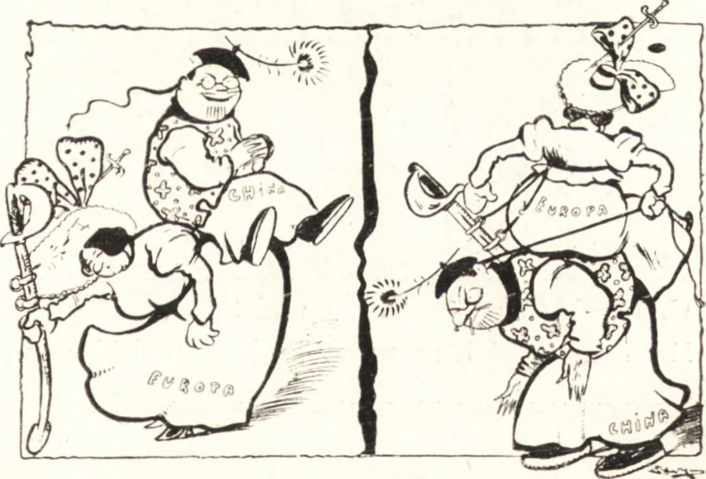 An illustration from "Zopf ab" : die chinesische Affaire im Lichte der europäischen Karikatur, 1900, leaf 98