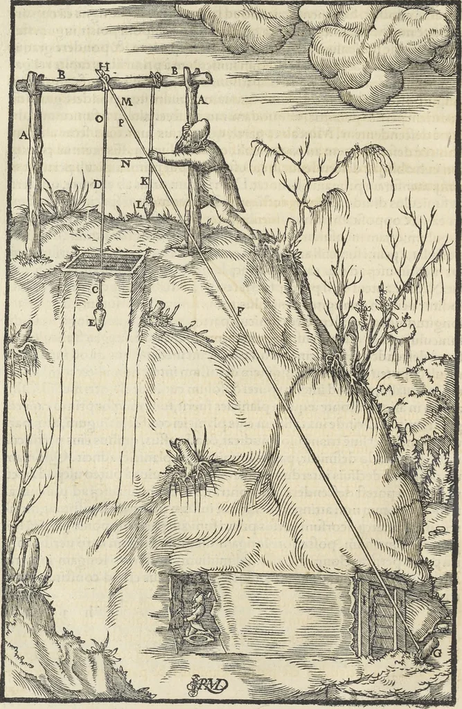 An illustration from Georgii Agricolae De re metallica : libri XII. Quibus officia, instrumenta, machinae, ac omnia deni[que] ad metallicam spectantia, non modo luculentissimè describuntur, sed & per effigies, suis locis infertas, adiunctis latinis, germanicis [que] appellationibus ita ob oculos ponuntur, ut clarius tradi non possint. ; Eiusdem De animantibus subterraneis liber,, 1556, leaf 105