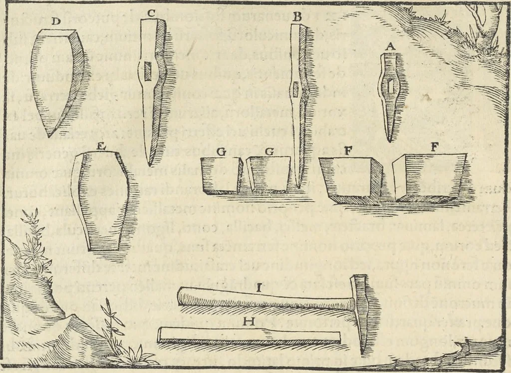 An illustration from Georgii Agricolae De re metallica : libri XII. Quibus officia, instrumenta, machinae, ac omnia deni[que] ad metallicam spectantia, non modo luculentissimè describuntur, sed & per effigies, suis locis infertas, adiunctis latinis, germanicis [que] appellationibus ita ob oculos ponuntur, ut clarius tradi non possint. ; Eiusdem De animantibus subterraneis liber,, 1556, leaf 123