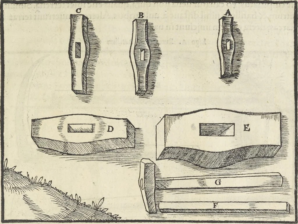 An illustration from Georgii Agricolae De re metallica : libri XII. Quibus officia, instrumenta, machinae, ac omnia deni[que] ad metallicam spectantia, non modo luculentissimè describuntur, sed & per effigies, suis locis infertas, adiunctis latinis, germanicis [que] appellationibus ita ob oculos ponuntur, ut clarius tradi non possint. ; Eiusdem De animantibus subterraneis liber,, 1556, leaf 128