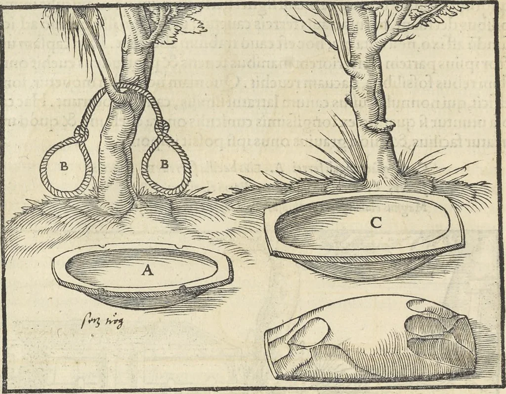 An illustration from Georgii Agricolae De re metallica : libri XII. Quibus officia, instrumenta, machinae, ac omnia deni[que] ad metallicam spectantia, non modo luculentissimè describuntur, sed & per effigies, suis locis infertas, adiunctis latinis, germanicis [que] appellationibus ita ob oculos ponuntur, ut clarius tradi non possint. ; Eiusdem De animantibus subterraneis liber,, 1556, leaf 133