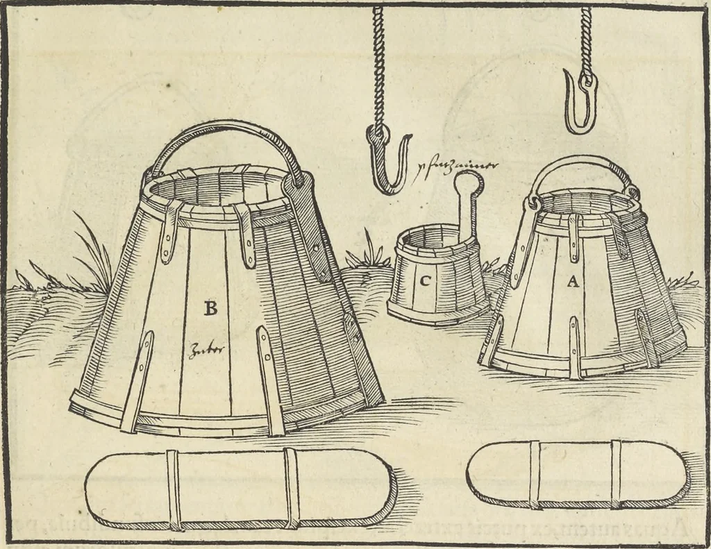 An illustration from Georgii Agricolae De re metallica : libri XII. Quibus officia, instrumenta, machinae, ac omnia deni[que] ad metallicam spectantia, non modo luculentissimè describuntur, sed & per effigies, suis locis infertas, adiunctis latinis, germanicis [que] appellationibus ita ob oculos ponuntur, ut clarius tradi non possint. ; Eiusdem De animantibus subterraneis liber,, 1556, leaf 134