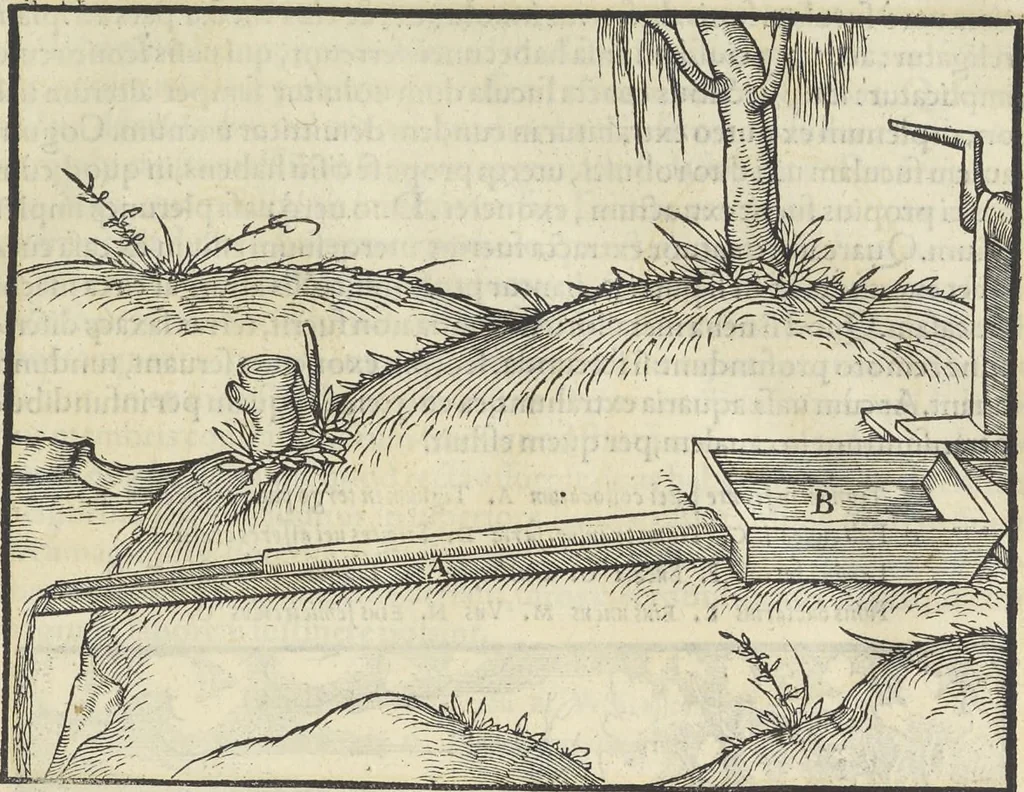 An illustration from Georgii Agricolae De re metallica : libri XII. Quibus officia, instrumenta, machinae, ac omnia deni[que] ad metallicam spectantia, non modo luculentissimè describuntur, sed & per effigies, suis locis infertas, adiunctis latinis, germanicis [que] appellationibus ita ob oculos ponuntur, ut clarius tradi non possint. ; Eiusdem De animantibus subterraneis liber,, 1556, leaf 136