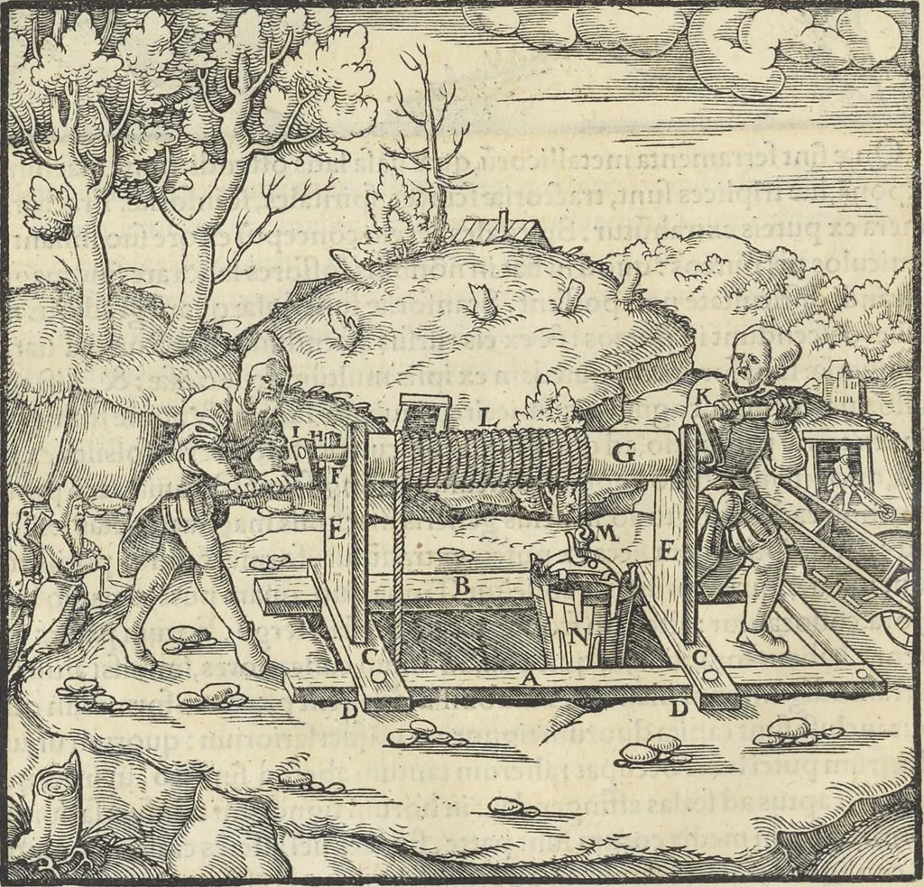 An illustration from Georgii Agricolae De re metallica : libri XII. Quibus officia, instrumenta, machinae, ac omnia deni[que] ad metallicam spectantia, non modo luculentissimè describuntur, sed & per effigies, suis locis infertas, adiunctis latinis, germanicis [que] appellationibus ita ob oculos ponuntur, ut clarius tradi non possint. ; Eiusdem De animantibus subterraneis liber,, 1556, leaf 137