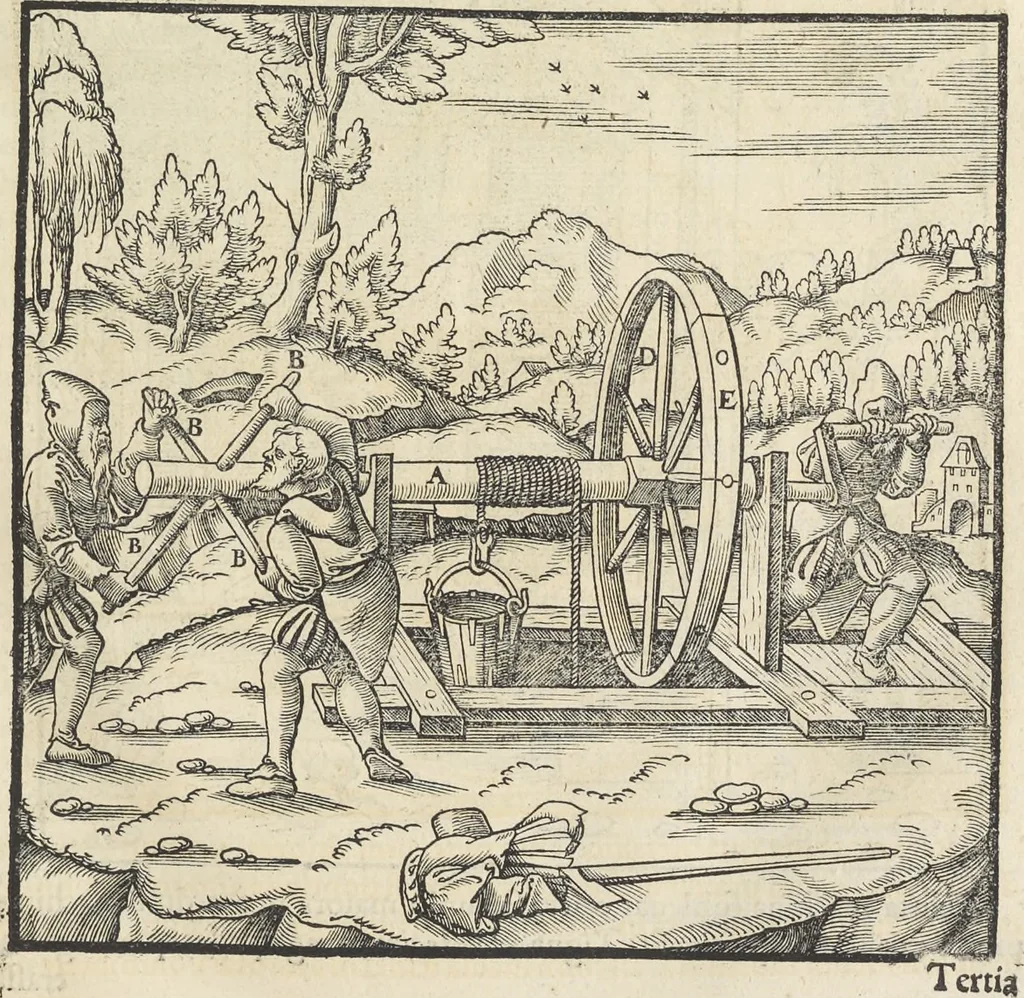 An illustration from Georgii Agricolae De re metallica : libri XII. Quibus officia, instrumenta, machinae, ac omnia deni[que] ad metallicam spectantia, non modo luculentissimè describuntur, sed & per effigies, suis locis infertas, adiunctis latinis, germanicis [que] appellationibus ita ob oculos ponuntur, ut clarius tradi non possint. ; Eiusdem De animantibus subterraneis liber,, 1556, leaf 138
