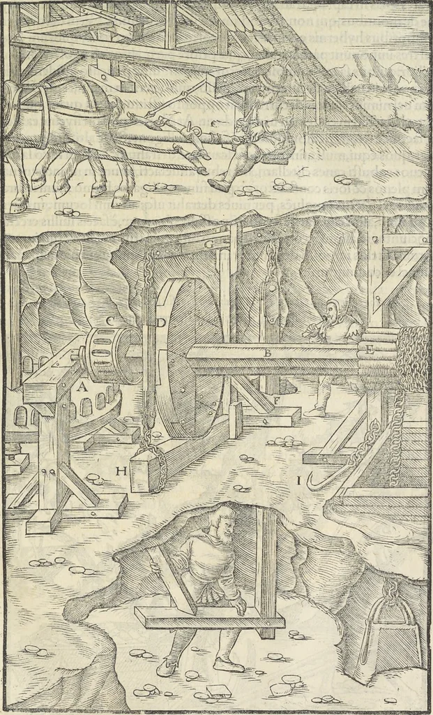 An illustration from Georgii Agricolae De re metallica : libri XII. Quibus officia, instrumenta, machinae, ac omnia deni[que] ad metallicam spectantia, non modo luculentissimè describuntur, sed & per effigies, suis locis infertas, adiunctis latinis, germanicis [que] appellationibus ita ob oculos ponuntur, ut clarius tradi non possint. ; Eiusdem De animantibus subterraneis liber,, 1556, leaf 144