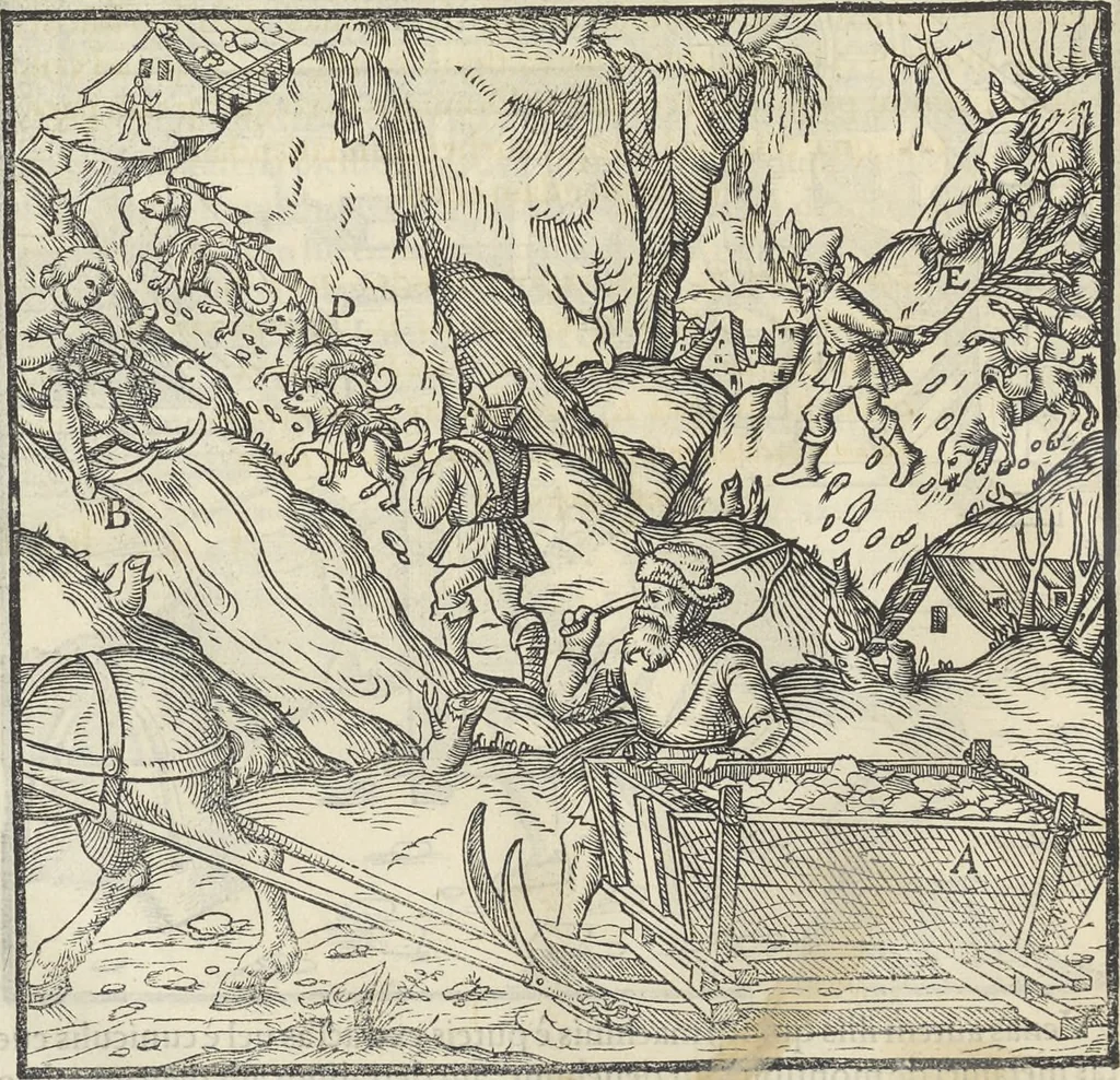 An illustration from Georgii Agricolae De re metallica : libri XII. Quibus officia, instrumenta, machinae, ac omnia deni[que] ad metallicam spectantia, non modo luculentissimè describuntur, sed & per effigies, suis locis infertas, adiunctis latinis, germanicis [que] appellationibus ita ob oculos ponuntur, ut clarius tradi non possint. ; Eiusdem De animantibus subterraneis liber,, 1556, leaf 145