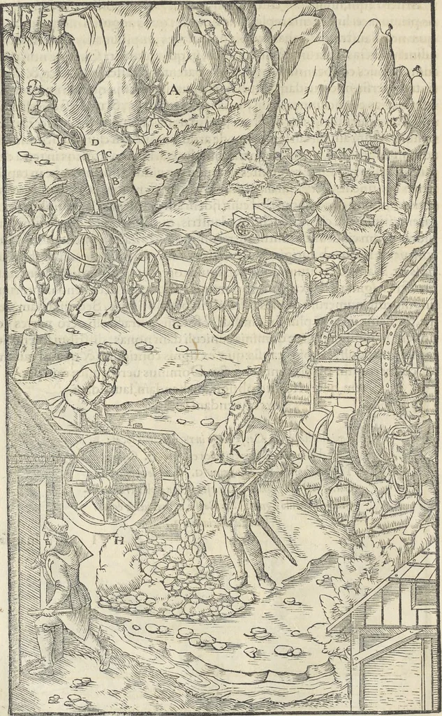 An illustration from Georgii Agricolae De re metallica : libri XII. Quibus officia, instrumenta, machinae, ac omnia deni[que] ad metallicam spectantia, non modo luculentissimè describuntur, sed & per effigies, suis locis infertas, adiunctis latinis, germanicis [que] appellationibus ita ob oculos ponuntur, ut clarius tradi non possint. ; Eiusdem De animantibus subterraneis liber,, 1556, leaf 147