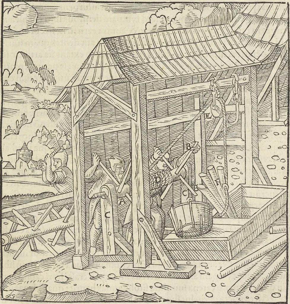 An illustration from Georgii Agricolae De re metallica : libri XII. Quibus officia, instrumenta, machinae, ac omnia deni[que] ad metallicam spectantia, non modo luculentissimè describuntur, sed & per effigies, suis locis infertas, adiunctis latinis, germanicis [que] appellationibus ita ob oculos ponuntur, ut clarius tradi non possint. ; Eiusdem De animantibus subterraneis liber,, 1556, leaf 148