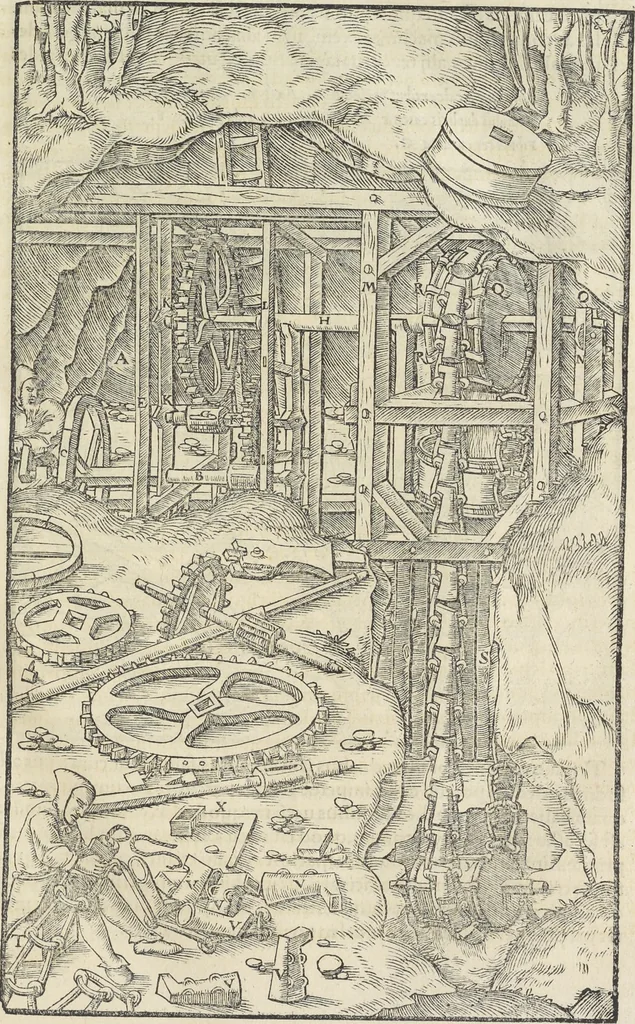 An illustration from Georgii Agricolae De re metallica : libri XII. Quibus officia, instrumenta, machinae, ac omnia deni[que] ad metallicam spectantia, non modo luculentissimè describuntur, sed & per effigies, suis locis infertas, adiunctis latinis, germanicis [que] appellationibus ita ob oculos ponuntur, ut clarius tradi non possint. ; Eiusdem De animantibus subterraneis liber,, 1556, leaf 150