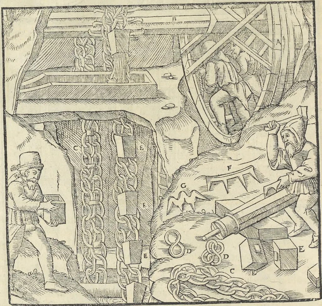 An illustration from Georgii Agricolae De re metallica : libri XII. Quibus officia, instrumenta, machinae, ac omnia deni[que] ad metallicam spectantia, non modo luculentissimè describuntur, sed & per effigies, suis locis infertas, adiunctis latinis, germanicis [que] appellationibus ita ob oculos ponuntur, ut clarius tradi non possint. ; Eiusdem De animantibus subterraneis liber,, 1556, leaf 151