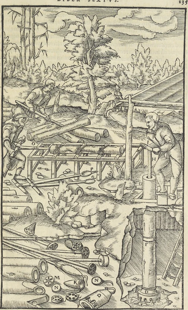 An illustration from Georgii Agricolae De re metallica : libri XII. Quibus officia, instrumenta, machinae, ac omnia deni[que] ad metallicam spectantia, non modo luculentissimè describuntur, sed & per effigies, suis locis infertas, adiunctis latinis, germanicis [que] appellationibus ita ob oculos ponuntur, ut clarius tradi non possint. ; Eiusdem De animantibus subterraneis liber,, 1556, leaf 154
