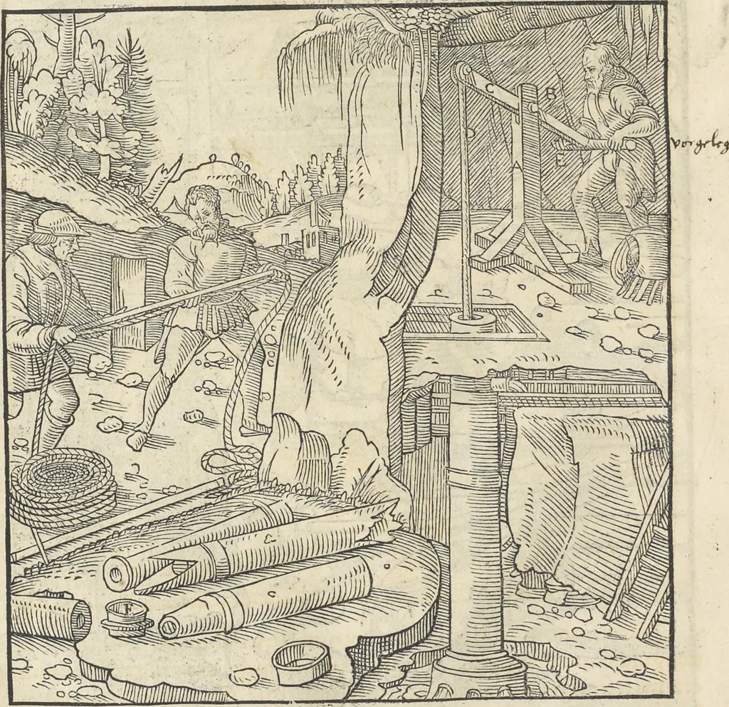 An illustration from Georgii Agricolae De re metallica : libri XII. Quibus officia, instrumenta, machinae, ac omnia deni[que] ad metallicam spectantia, non modo luculentissimè describuntur, sed & per effigies, suis locis infertas, adiunctis latinis, germanicis [que] appellationibus ita ob oculos ponuntur, ut clarius tradi non possint. ; Eiusdem De animantibus subterraneis liber,, 1556, leaf 155
