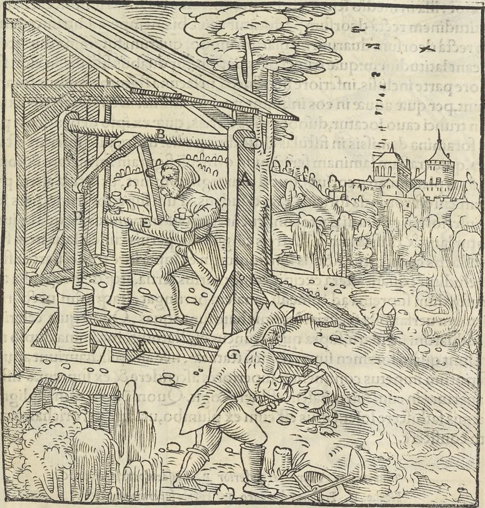 An illustration from Georgii Agricolae De re metallica : libri XII. Quibus officia, instrumenta, machinae, ac omnia deni[que] ad metallicam spectantia, non modo luculentissimè describuntur, sed & per effigies, suis locis infertas, adiunctis latinis, germanicis [que] appellationibus ita ob oculos ponuntur, ut clarius tradi non possint. ; Eiusdem De animantibus subterraneis liber,, 1556, leaf 156