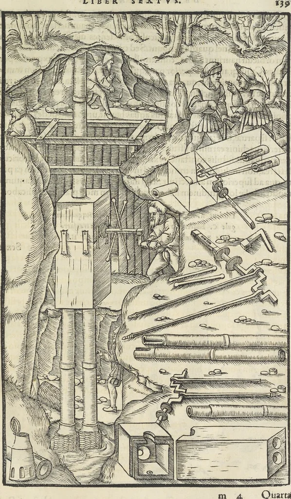 An illustration from Georgii Agricolae De re metallica : libri XII. Quibus officia, instrumenta, machinae, ac omnia deni[que] ad metallicam spectantia, non modo luculentissimè describuntur, sed & per effigies, suis locis infertas, adiunctis latinis, germanicis [que] appellationibus ita ob oculos ponuntur, ut clarius tradi non possint. ; Eiusdem De animantibus subterraneis liber,, 1556, leaf 158
