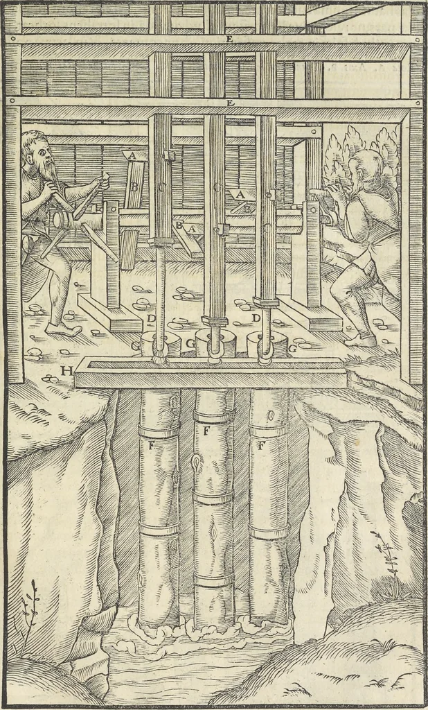 An illustration from Georgii Agricolae De re metallica : libri XII. Quibus officia, instrumenta, machinae, ac omnia deni[que] ad metallicam spectantia, non modo luculentissimè describuntur, sed & per effigies, suis locis infertas, adiunctis latinis, germanicis [que] appellationibus ita ob oculos ponuntur, ut clarius tradi non possint. ; Eiusdem De animantibus subterraneis liber,, 1556, leaf 160