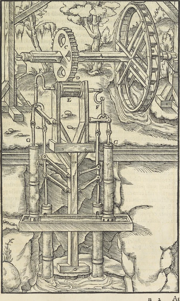 An illustration from Georgii Agricolae De re metallica : libri XII. Quibus officia, instrumenta, machinae, ac omnia deni[que] ad metallicam spectantia, non modo luculentissimè describuntur, sed & per effigies, suis locis infertas, adiunctis latinis, germanicis [que] appellationibus ita ob oculos ponuntur, ut clarius tradi non possint. ; Eiusdem De animantibus subterraneis liber,, 1556, leaf 166
