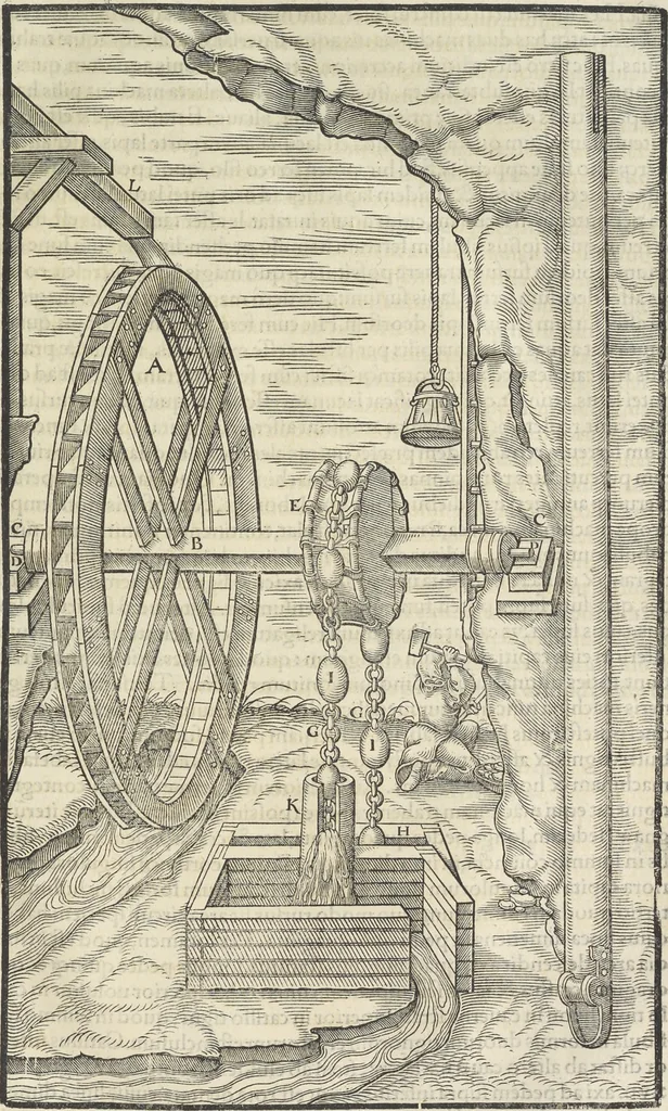 An illustration from Georgii Agricolae De re metallica : libri XII. Quibus officia, instrumenta, machinae, ac omnia deni[que] ad metallicam spectantia, non modo luculentissimè describuntur, sed & per effigies, suis locis infertas, adiunctis latinis, germanicis [que] appellationibus ita ob oculos ponuntur, ut clarius tradi non possint. ; Eiusdem De animantibus subterraneis liber,, 1556, leaf 168