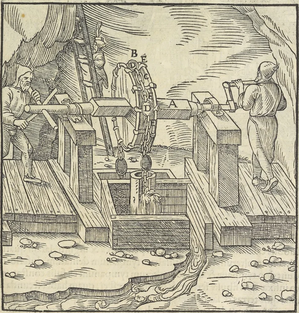 An illustration from Georgii Agricolae De re metallica : libri XII. Quibus officia, instrumenta, machinae, ac omnia deni[que] ad metallicam spectantia, non modo luculentissimè describuntur, sed & per effigies, suis locis infertas, adiunctis latinis, germanicis [que] appellationibus ita ob oculos ponuntur, ut clarius tradi non possint. ; Eiusdem De animantibus subterraneis liber,, 1556, leaf 172