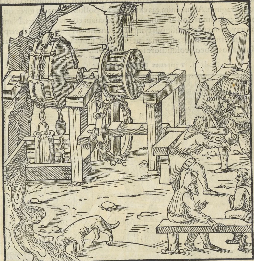 An illustration from Georgii Agricolae De re metallica : libri XII. Quibus officia, instrumenta, machinae, ac omnia deni[que] ad metallicam spectantia, non modo luculentissimè describuntur, sed & per effigies, suis locis infertas, adiunctis latinis, germanicis [que] appellationibus ita ob oculos ponuntur, ut clarius tradi non possint. ; Eiusdem De animantibus subterraneis liber,, 1556, leaf 173
