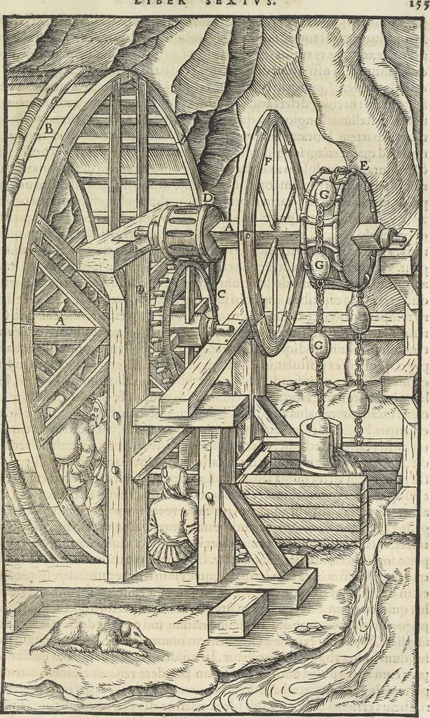 An illustration from Georgii Agricolae De re metallica : libri XII. Quibus officia, instrumenta, machinae, ac omnia deni[que] ad metallicam spectantia, non modo luculentissimè describuntur, sed & per effigies, suis locis infertas, adiunctis latinis, germanicis [que] appellationibus ita ob oculos ponuntur, ut clarius tradi non possint. ; Eiusdem De animantibus subterraneis liber,, 1556, leaf 174