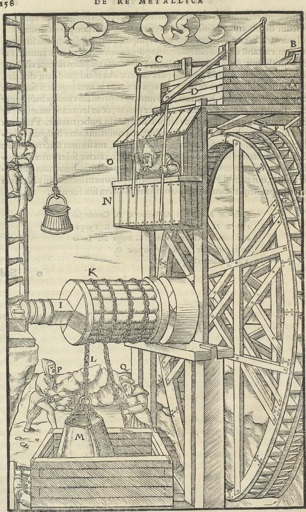 An illustration from Georgii Agricolae De re metallica : libri XII. Quibus officia, instrumenta, machinae, ac omnia deni[que] ad metallicam spectantia, non modo luculentissimè describuntur, sed & per effigies, suis locis infertas, adiunctis latinis, germanicis [que] appellationibus ita ob oculos ponuntur, ut clarius tradi non possint. ; Eiusdem De animantibus subterraneis liber,, 1556, leaf 177