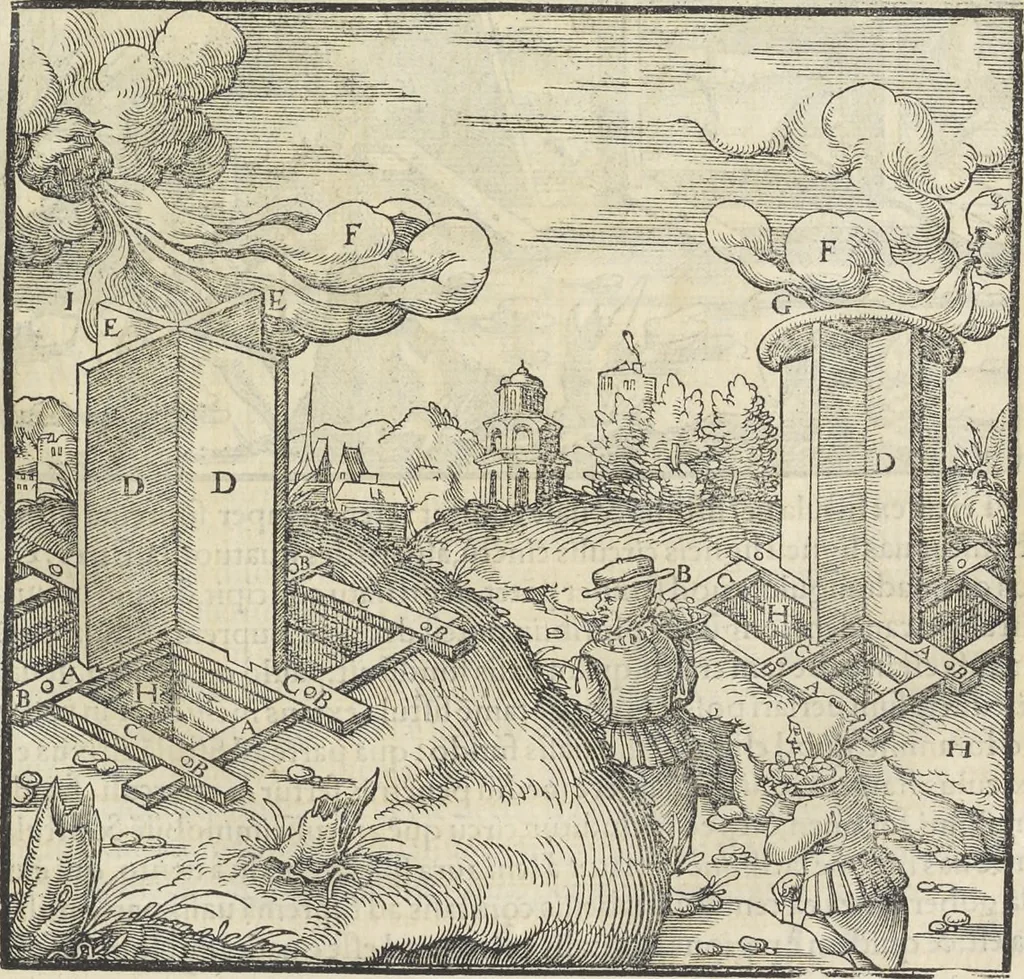 An illustration from Georgii Agricolae De re metallica : libri XII. Quibus officia, instrumenta, machinae, ac omnia deni[que] ad metallicam spectantia, non modo luculentissimè describuntur, sed & per effigies, suis locis infertas, adiunctis latinis, germanicis [que] appellationibus ita ob oculos ponuntur, ut clarius tradi non possint. ; Eiusdem De animantibus subterraneis liber,, 1556, leaf 178