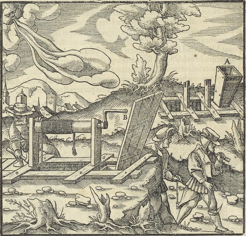 An illustration from Georgii Agricolae De re metallica : libri XII. Quibus officia, instrumenta, machinae, ac omnia deni[que] ad metallicam spectantia, non modo luculentissimè describuntur, sed & per effigies, suis locis infertas, adiunctis latinis, germanicis [que] appellationibus ita ob oculos ponuntur, ut clarius tradi non possint. ; Eiusdem De animantibus subterraneis liber,, 1556, leaf 179