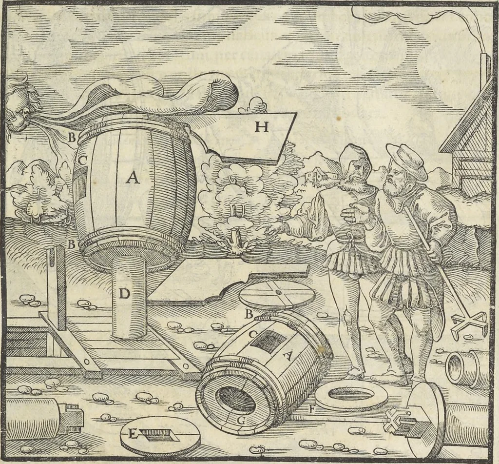 An illustration from Georgii Agricolae De re metallica : libri XII. Quibus officia, instrumenta, machinae, ac omnia deni[que] ad metallicam spectantia, non modo luculentissimè describuntur, sed & per effigies, suis locis infertas, adiunctis latinis, germanicis [que] appellationibus ita ob oculos ponuntur, ut clarius tradi non possint. ; Eiusdem De animantibus subterraneis liber,, 1556, leaf 180