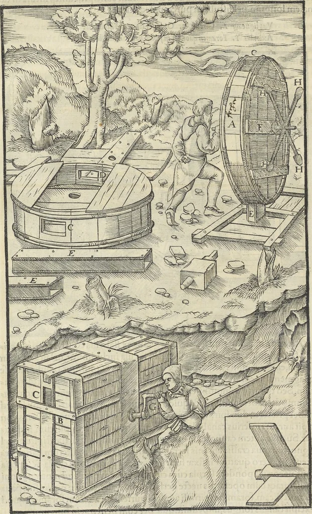 An illustration from Georgii Agricolae De re metallica : libri XII. Quibus officia, instrumenta, machinae, ac omnia deni[que] ad metallicam spectantia, non modo luculentissimè describuntur, sed & per effigies, suis locis infertas, adiunctis latinis, germanicis [que] appellationibus ita ob oculos ponuntur, ut clarius tradi non possint. ; Eiusdem De animantibus subterraneis liber,, 1556, leaf 181