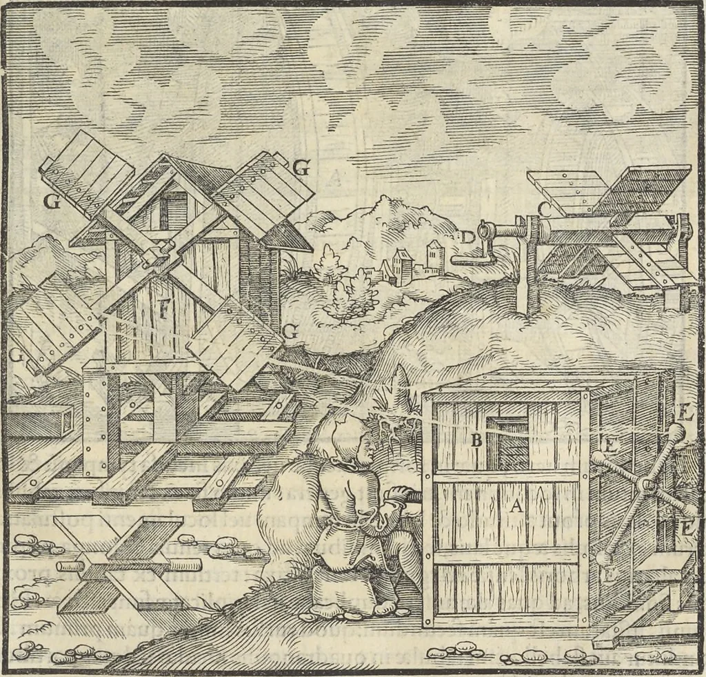An illustration from Georgii Agricolae De re metallica : libri XII. Quibus officia, instrumenta, machinae, ac omnia deni[que] ad metallicam spectantia, non modo luculentissimè describuntur, sed & per effigies, suis locis infertas, adiunctis latinis, germanicis [que] appellationibus ita ob oculos ponuntur, ut clarius tradi non possint. ; Eiusdem De animantibus subterraneis liber,, 1556, leaf 182