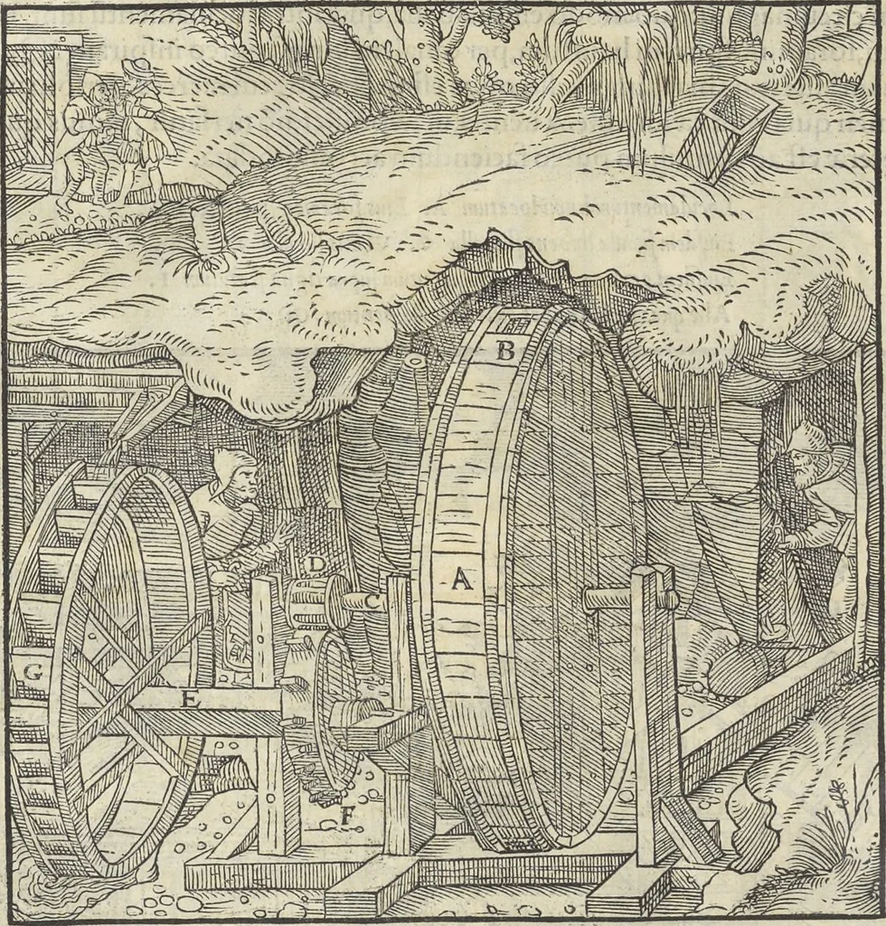 An illustration from Georgii Agricolae De re metallica : libri XII. Quibus officia, instrumenta, machinae, ac omnia deni[que] ad metallicam spectantia, non modo luculentissimè describuntur, sed & per effigies, suis locis infertas, adiunctis latinis, germanicis [que] appellationibus ita ob oculos ponuntur, ut clarius tradi non possint. ; Eiusdem De animantibus subterraneis liber,, 1556, leaf 183