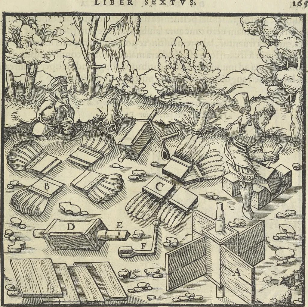 An illustration from Georgii Agricolae De re metallica : libri XII. Quibus officia, instrumenta, machinae, ac omnia deni[que] ad metallicam spectantia, non modo luculentissimè describuntur, sed & per effigies, suis locis infertas, adiunctis latinis, germanicis [que] appellationibus ita ob oculos ponuntur, ut clarius tradi non possint. ; Eiusdem De animantibus subterraneis liber,, 1556, leaf 184