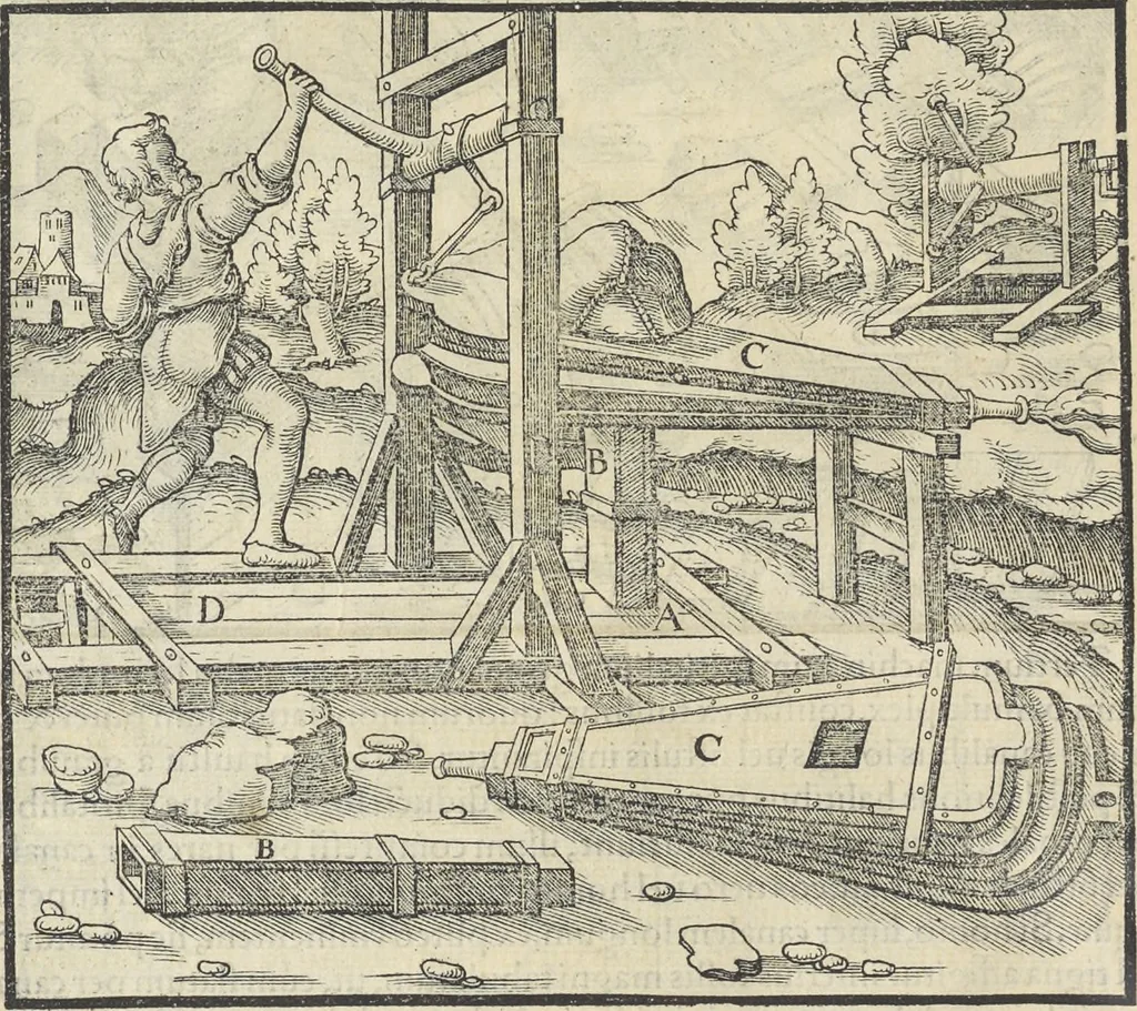 An illustration from Georgii Agricolae De re metallica : libri XII. Quibus officia, instrumenta, machinae, ac omnia deni[que] ad metallicam spectantia, non modo luculentissimè describuntur, sed & per effigies, suis locis infertas, adiunctis latinis, germanicis [que] appellationibus ita ob oculos ponuntur, ut clarius tradi non possint. ; Eiusdem De animantibus subterraneis liber,, 1556, leaf 185