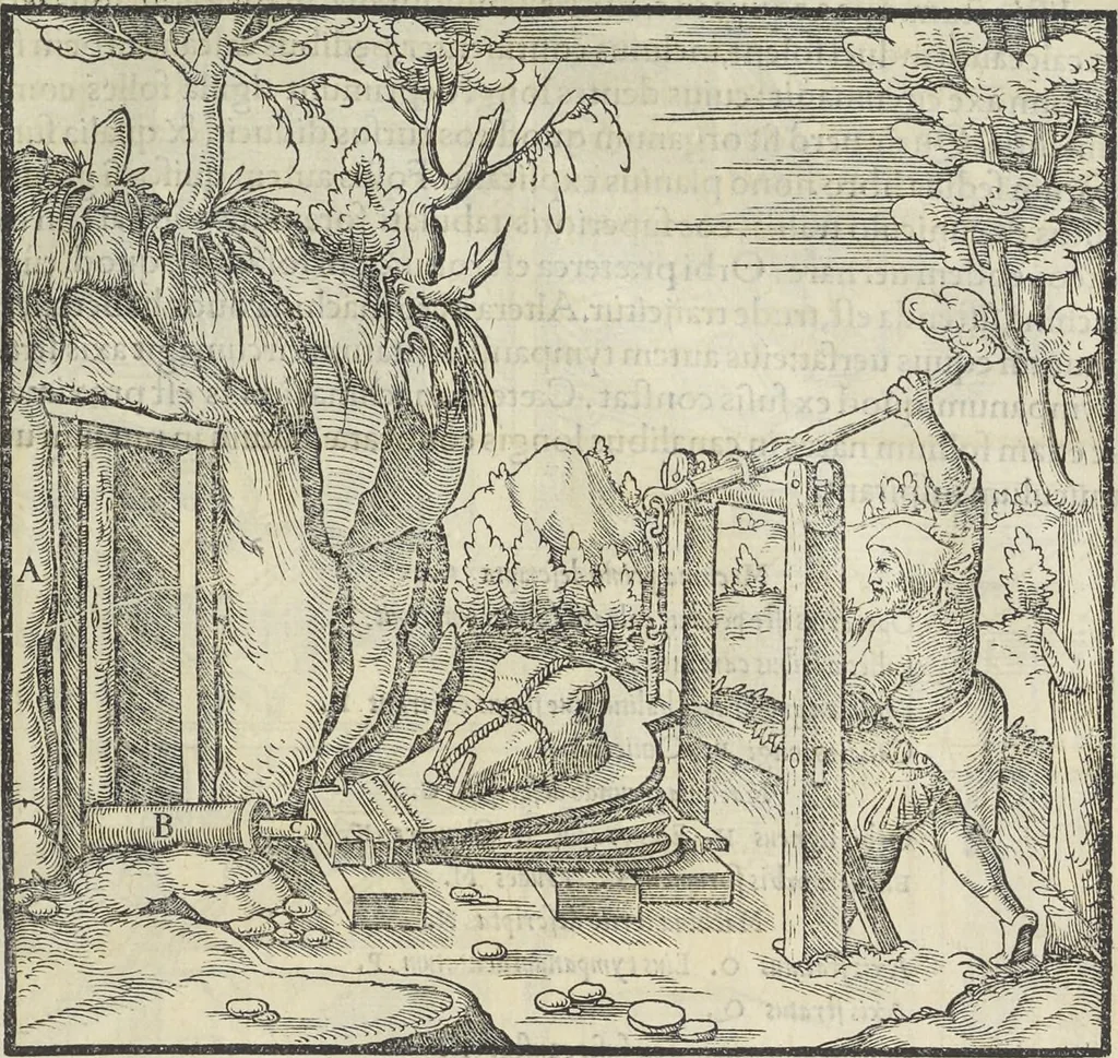 An illustration from Georgii Agricolae De re metallica : libri XII. Quibus officia, instrumenta, machinae, ac omnia deni[que] ad metallicam spectantia, non modo luculentissimè describuntur, sed & per effigies, suis locis infertas, adiunctis latinis, germanicis [que] appellationibus ita ob oculos ponuntur, ut clarius tradi non possint. ; Eiusdem De animantibus subterraneis liber,, 1556, leaf 186