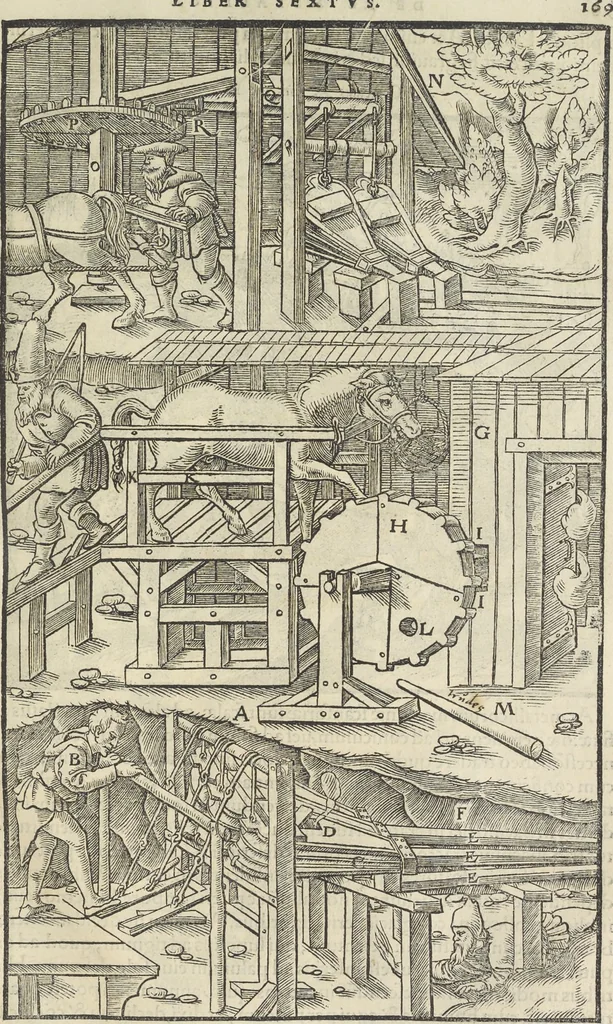 An illustration from Georgii Agricolae De re metallica : libri XII. Quibus officia, instrumenta, machinae, ac omnia deni[que] ad metallicam spectantia, non modo luculentissimè describuntur, sed & per effigies, suis locis infertas, adiunctis latinis, germanicis [que] appellationibus ita ob oculos ponuntur, ut clarius tradi non possint. ; Eiusdem De animantibus subterraneis liber,, 1556, leaf 188