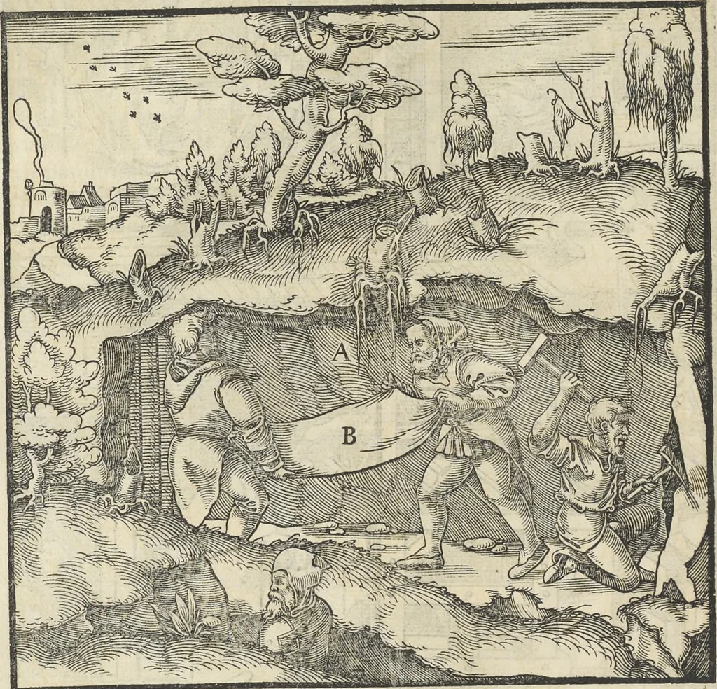 An illustration from Georgii Agricolae De re metallica : libri XII. Quibus officia, instrumenta, machinae, ac omnia deni[que] ad metallicam spectantia, non modo luculentissimè describuntur, sed & per effigies, suis locis infertas, adiunctis latinis, germanicis [que] appellationibus ita ob oculos ponuntur, ut clarius tradi non possint. ; Eiusdem De animantibus subterraneis liber,, 1556, leaf 189